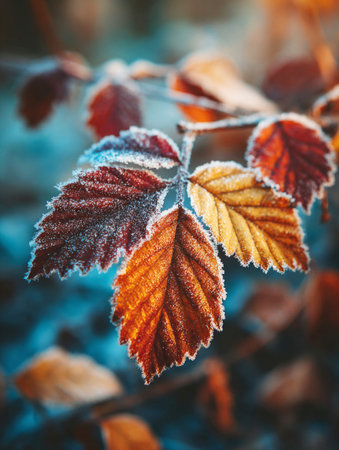 Colorful frosted leaves clinging to a branch represent the transition from autumn to winterの素材