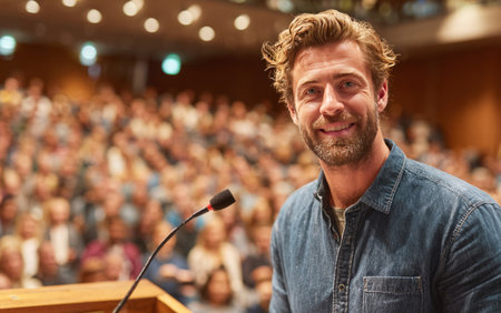 Confident male speaker smiling while giving a presentation at a business conferenceの素材
