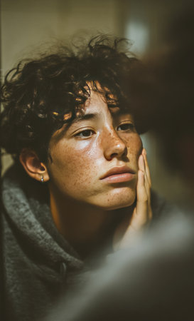 Teenager contemplating their reflection in a mirror, exploring themes of self discovery, adolescence, and introspectionの素材