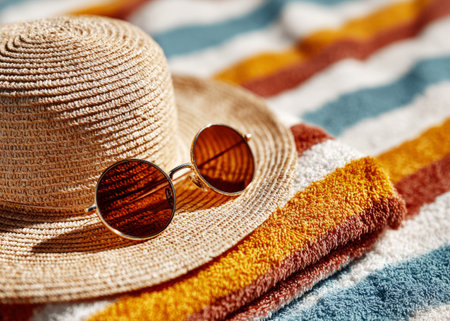 Straw hat and sunglasses sit on a colorful beach towel, creating a perfect summer sceneの素材