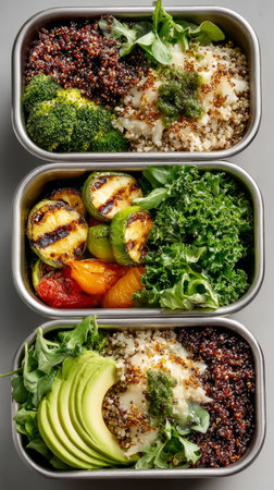 Metal containers filled with healthy meals of quinoa, vegetables and greens, promoting a balanced and nutritious dietの素材