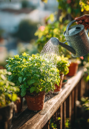 Gardener taking care of mint plant growing in terracotta pots, watering with a metal watering can on a balcony gardenの素材