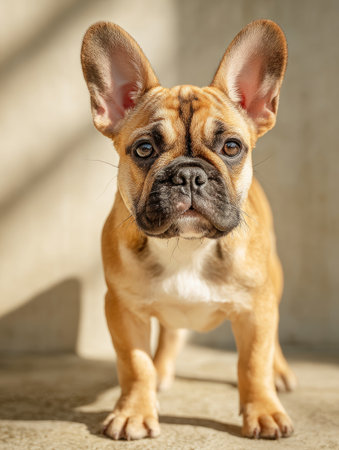 Cute french bulldog puppy standing on a concrete floor in natural lightの素材