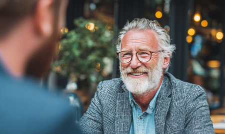 Happy senior businessman wearing eyeglasses and smiling while talking with colleague at outdoor cafeの素材