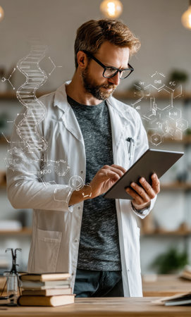 Scientist using tablet with dna helix and chemical formulae in augmented reality projection, working on innovative researchの素材