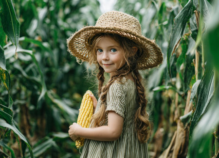 Young girl with straw hat holding fresh corn on the cob, enjoying a day on the farm during harvest seasonの素材