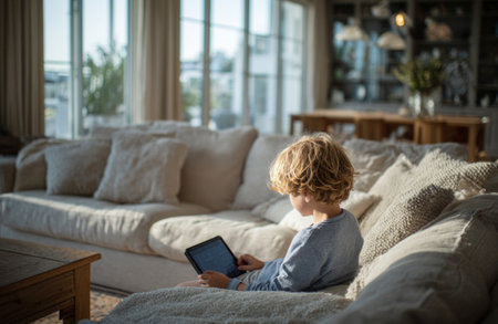 Blond boy using digital tablet while sitting on comfortable sofa in cozy living roomの素材