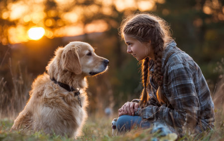 Teen girl and her golden retriever dog are sharing a moment of connection in a beautiful sunset meadowの素材