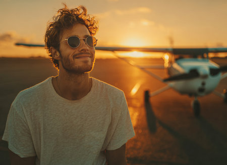Young pilot smiling wearing sunglasses at sunset with a small airplane on the runwayの素材