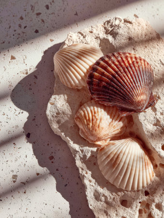 Seashells are lying on a piece of travertine, illuminated by sunlight creating shadows, evoking a summer beach atmosphereの素材