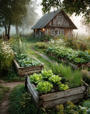 Raised garden beds overflowing with fresh produce create a picturesque scene in front of a charming wooden cottage on a misty morningの素材