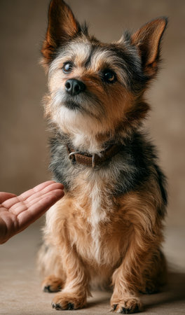 Small dog wearing a collar looking up and waiting for a treatの素材