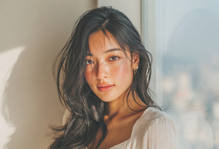 Young asian woman with long dark hair posing near a window with a city view in the backgroundの素材