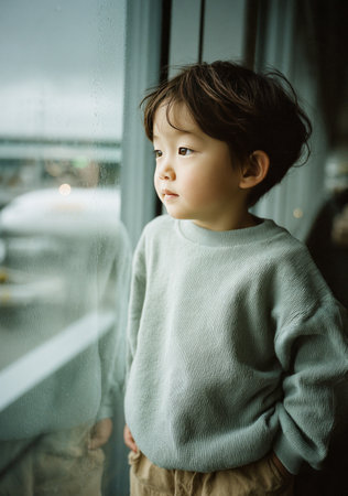 Curious child looking through window at airport, contemplating airplanes and runway, experiencing wonder of travelの素材