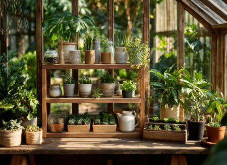 Various potted plants growing on shelves inside a greenhouse during a sunny dayの素材