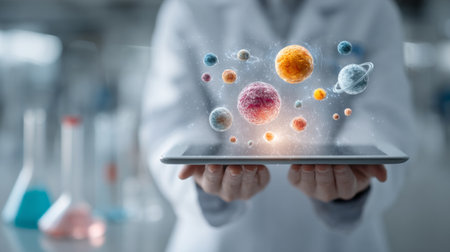 Scientist holding tablet displaying holographic projection of planets and solar system, concept of space exploration and scientific researchの素材