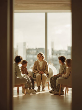 Children talking to psychologist during a therapy session in a bright, modern office, discussing their problems and emotionsの素材