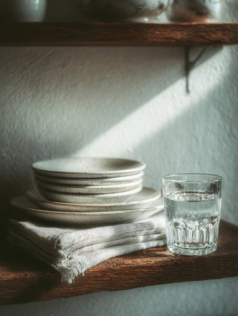Sunlight illuminates a wooden shelf displaying ceramic tableware, creating a cozy, rustic kitchen atmosphereの素材
