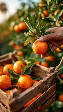 Close up of a farmer harvesting ripe oranges in a wooden crate, amidst a vibrant orchard at sunsetの素材