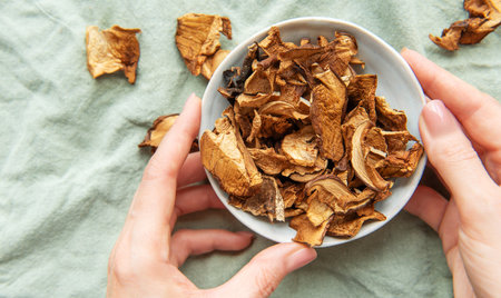 Woman's hands holding a bowl of dried mushrooms, showcasing a culinary ingredient