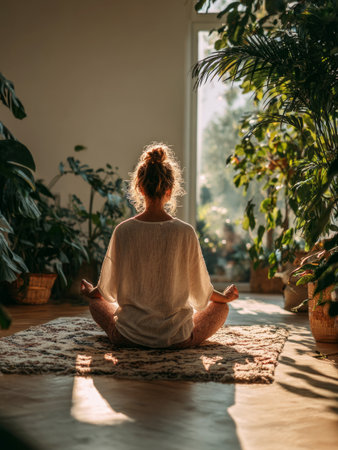 Woman meditating in urban jungle home yoga studio with sunlight streaming through windowの素材