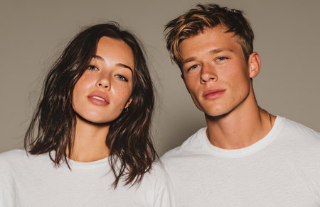 Two fashion models are posing together, wearing basic white t shirts, highlighting their natural beauty and effortless styleの素材