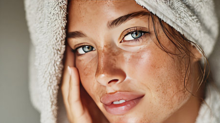 Model with towel wrapped around her head gently touching her face with frecklesの素材