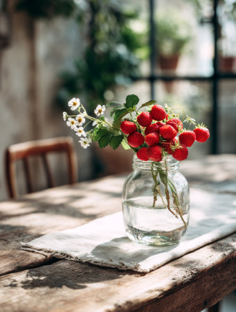 Fresh strawberries and wildflowers arranged in glass jar on rustic wooden table, creating charming still lifeの素材