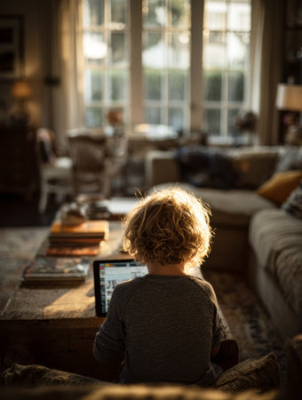 Blond boy using laptop computer sitting on sofa in living room at homeの素材