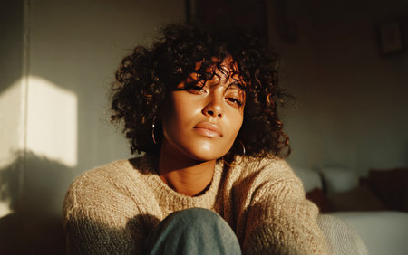 Pensive young woman with curly hair sitting in sunlight, wearing a sweater and jeans, lost in thoughtの素材