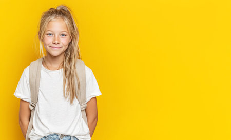 Portrait of cheerful student girl with backpack smiling on vibrant yellow background, back to school conceptの素材