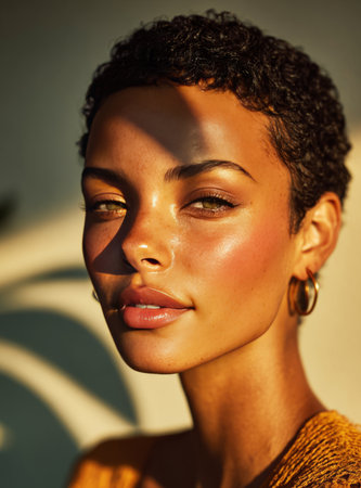 Young woman with short curly hair and golden light on her face enjoys the sunlightの素材