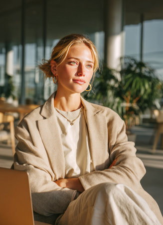 Confident entrepreneur woman relaxing in modern office space with arms crossed enjoying sunlightの素材