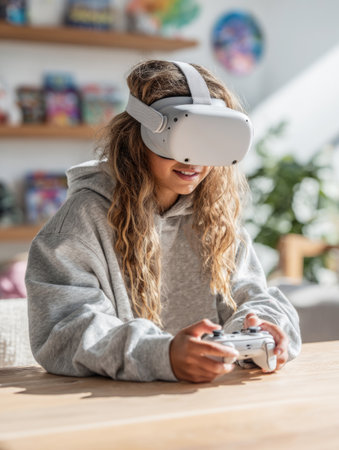 Smiling girl experiencing immersive gaming using vr headset and controllerの素材