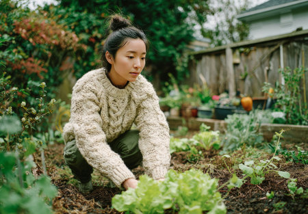 Woman tending to her lettuce patch in a backyard garden, enjoying the fruits of her laborの素材