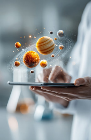 Scientist using tablet with augmented reality planets rotating around a star in laboratoryの素材