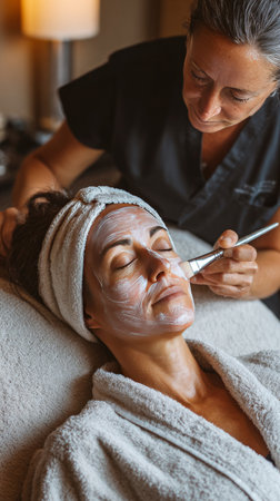 Beautician applying a revitalizing facial mask on a relaxed woman's face, offering a luxurious spa treatment for healthy skinの素材