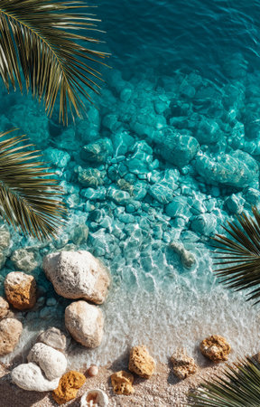 Tranquil tropical beach scene with crystal clear turquoise water gently lapping against the sandy shore, framed by lush palm leaves, creating a serene and idyllic paradiseの素材