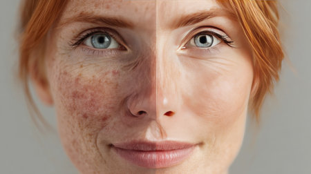 Half face of a woman showing skin rejuvenation treatment before and afterの素材