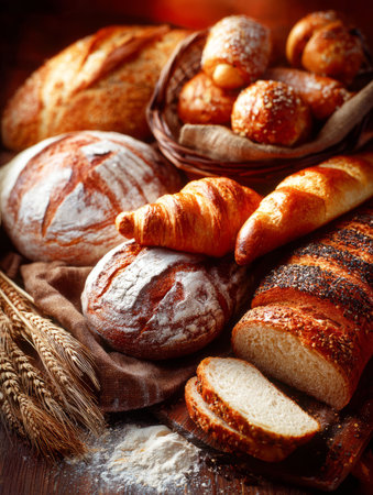 Delicious assortment of freshly baked bread, rolls, and croissants presented on a rustic wooden table, alongside wheat stalks and flourの素材