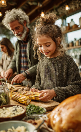 Happy family preparing thanksgiving dinner together, little girl holding corn on the cobの素材