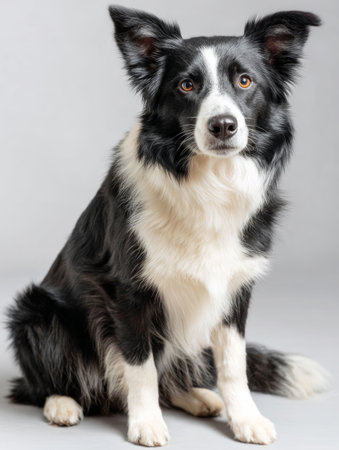 Studio shot of adorable black and white border collie dog sitting on gray backgroundの素材
