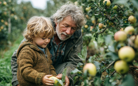 Grandfather teaching grandson how to pick apples in the family orchardの素材