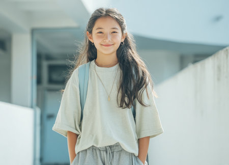 Happy student carrying backpack walking on school campus during break timeの素材