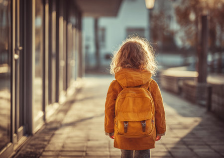 Young pupil walking on the sidewalk in front of school wearing a yellow jacket and backpackの素材