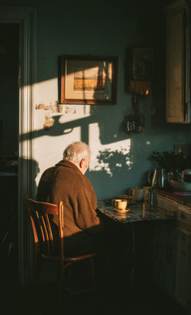 Senior man sitting at his kitchen table, enjoying a cup of tea in the warm afternoon sunlightの素材