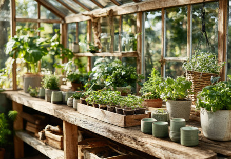 Various potted plants and seedlings growing on wooden shelves and table inside rustic greenhouseの素材
