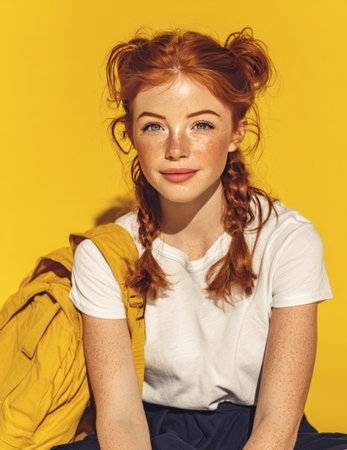 Portrait of a smiling student girl with braided red hair and freckles, wearing a white t shirt and carrying a yellow backpack on a vibrant yellow backgroundの素材