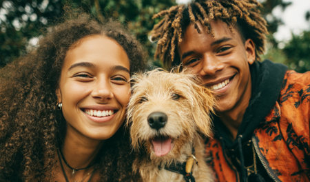 Young diverse couple and their dog smiling for a close up selfie outdoorsの素材
