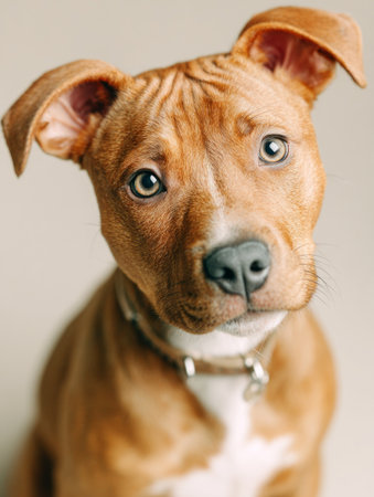 Cute brown and white pit bull puppy wearing a collar and looking forwardの素材